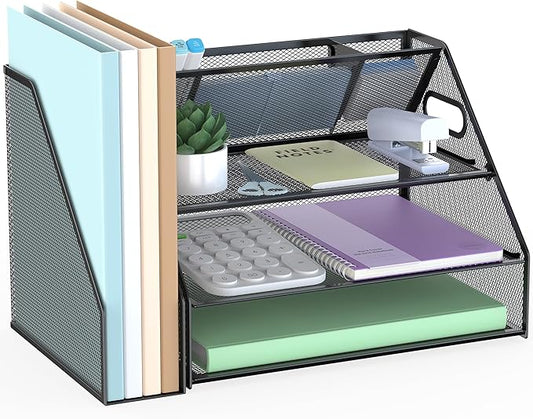 Docnest 3 Tier Metal Mesh Desk Organizer - Letter Tray with Built-in Pen Holder & Handle, Black