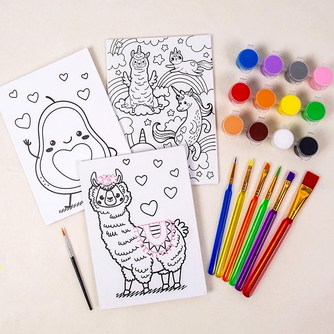 Horizon Group USA Pre-Printed Canvas & Paint Art Set. Ready to Paint 5" x 7" Canvas Panels, 12 Tempera Paints, 6 Easy-Grip Assorted Paintbrushes Included. Avocado, Llama, Rainbow Friends.