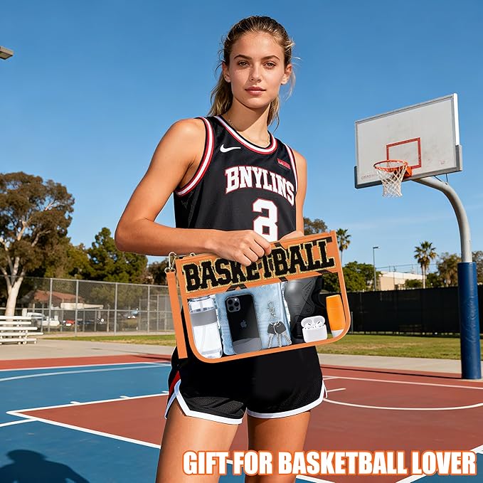 BuyCard Basketball Gifts Makeup Bag with Chenille Letter Patch, Clear Cosmetic Pouch PVC Organizer Purse, Waterproof Travel Bag, Portable Toiletry Storage Bag for Her Friends