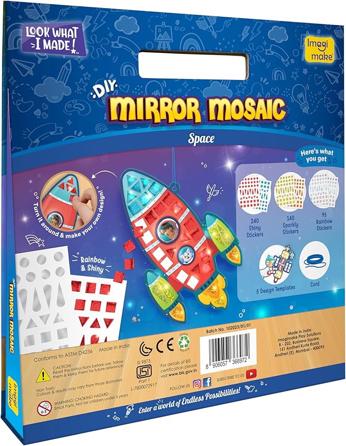 Imagimake Mirror Mosaic Space Theme Kids Art Set | DIY Craft Kit with Foil Stickers | Birthday Gift for Boys and Girls Ages 3-8 | Travel Toys | Crafts for Kids Ages 4-8