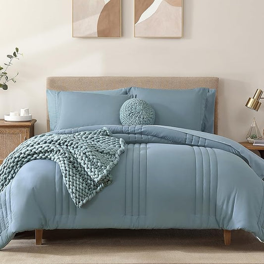 Monbix Queen Comforter Set - 7 Pieces Dusty Blue Bed in a Bag Queen Bedding Sets with Comforters, All Seasons Comforter Bed Set with Sheets, Pillowcases & Shams