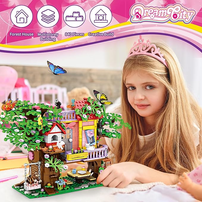 840 Piece Tree House Building Sets,Girls Creative Forest House Building Blocks Kit,STEM Friends Friendship Tree House with Swing Animals Flowers,Christmas Birthday Gifts for Girl Boy Age 6-12+