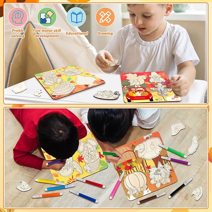 Fall Thanksgiving Wooden Puzzles for Toddlers Autumn Puzzles Coloring Craft Kits for Kids Boys Girls Montessori Toys Harvest Party Favors Treat Bag Gifts Educational Learning Jigsaw Puzzle, 3 Pack