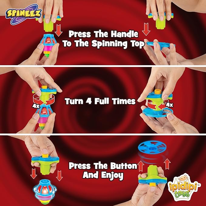 IPIDIPI TOYS Light Up Spinning Tops and Flying Saucer Disc - Light Up Spinner Toy for Kids - Christmas Party Favors, Stocking Stuffers, Birthday Gifts, Cool Games Boys and Girls, Red, Pack of 12 Sets