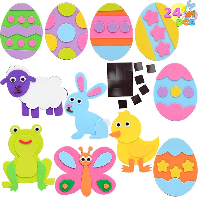 JOYIN 24 Pcs Foam Easter Animals and Egg Magnet Craft Kit, DIY Foam Magnet Craft Kits for Kids Party Favors Arts and Crafts Fun Home Activities, Easter Egg Hunt