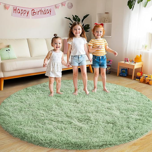 Xexsin Round Fluffy for Bedroom Rugs, 6Ft Sage Green Shag Circle Rug Non-Slip for Kids Girls Boys Bedroom Dorm Nursery Playroom, Soft Cute Area Rugs for Living Room Decor