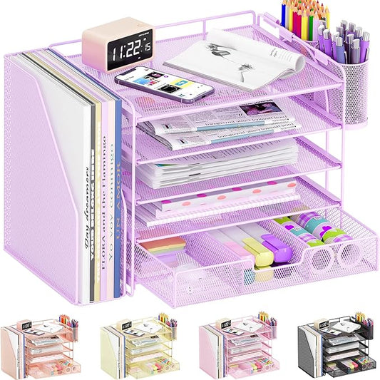 OPNICE Desk Organizer, 5-Tier Paper File Organizer with Drawer & Pen Holder, Office Desk Accessories, Workspace Desktop Organizer for Office Supplies(Purple)