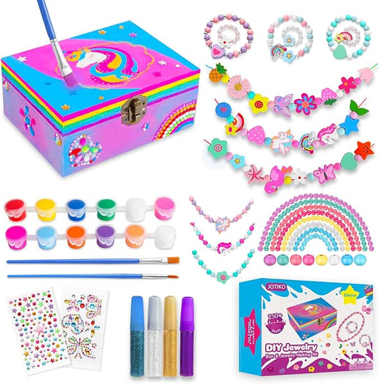 Arts and Crafts for Kids Girls Age 6-8, Paint Your Own Jewelry Box & Bracelet Making Kit, Unicorn Toys for Girls 8-12 Years Old, 250PCS Wooden Beads Charms Jewelry Making Kit Christmas Gift