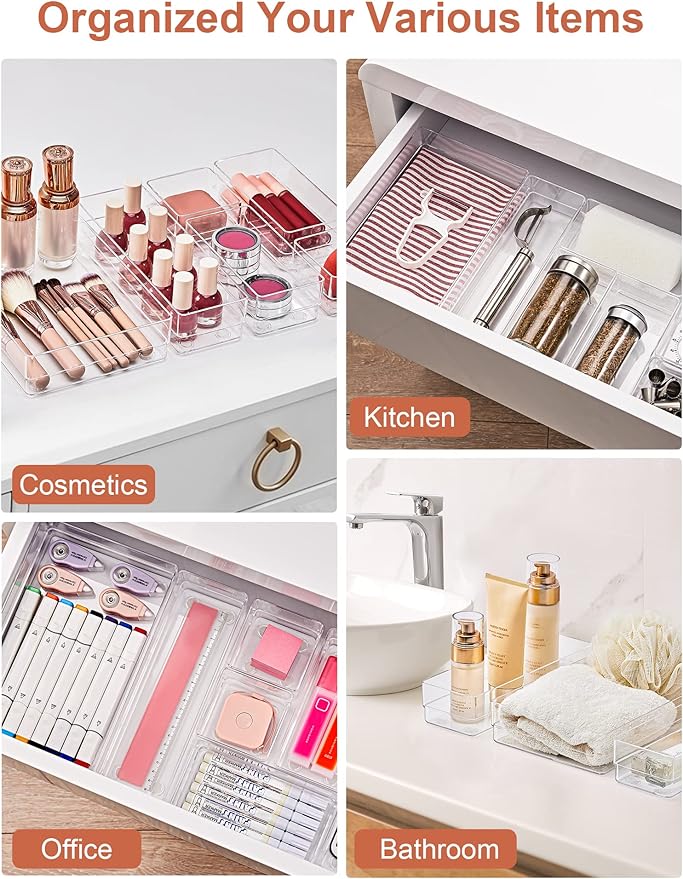 SMARTAKE 22-Piece Drawer Organizer with Non-Slip Silicone Pads, 4-Size Clear Desk Drawer Organizer Trays Storage Tray for Makeup, Jewelries, Utensils in Bedroom Dresser, Office and Kitchen, Clear