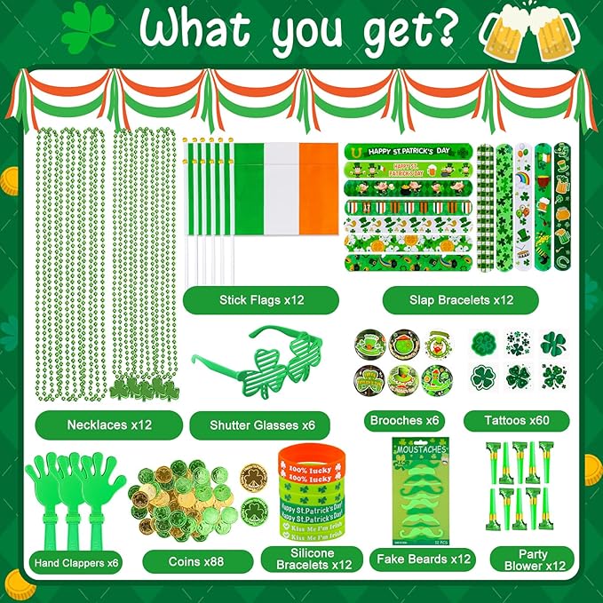 Garma 238 PCS St Patricks Day Decorations Set Glasses Bracelets Coins Necklaces Flags Tattoos Brooches Fake Beards Party Blowers Hand Clappers Saint Patricks Day Party Favors Accessories Supplies