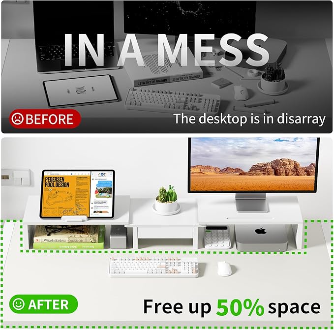 Dual Monitor Stand Riser - Computer Monitor Stand for 2 Monitors，Office Desktop Organizer，Adjustable Length and Angle 3 Shelf with Storage Drawer Phone Holder for Monitors and Laptops-White