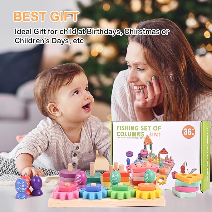 Montessori Toys for 3 4 5 Years Old Toddlers, Wooden Sorting & Stacking Toys, Shape Sorter and Color Stacker Preschool Kids Gifts, 3-in-1 Educational Toy Gift for Baby Boys Girls