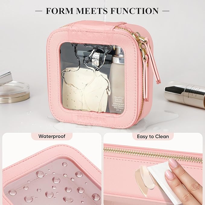 MSTONAL Clear Makeup Bag, Travel Toiletry Bag Cosmetic Case for Women, Waterproof Portable Small Make Up Skincare Pouch with Zipper, Compact Car Organizer Bag for Essentials, Mini Size, Pink