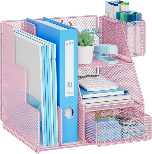 Marbrasse Desk Organizer and Accessories, 3-Tier File Organizer with Drawer and Pen Holder, Small Desktop Organizer and Storage for Workspace Office Supplies Pink