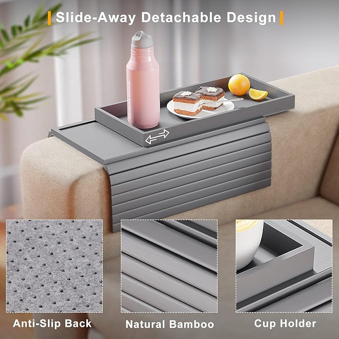Bamboo Sofa Armrest Tray Table for Couch - 2-in-1 Foldable Couch Arm Table with Be Slide Detachable Tray- Anti-Slip Sofa Armchair Caddy for Drinks Cellphone TV Remote Snacks(Gray)