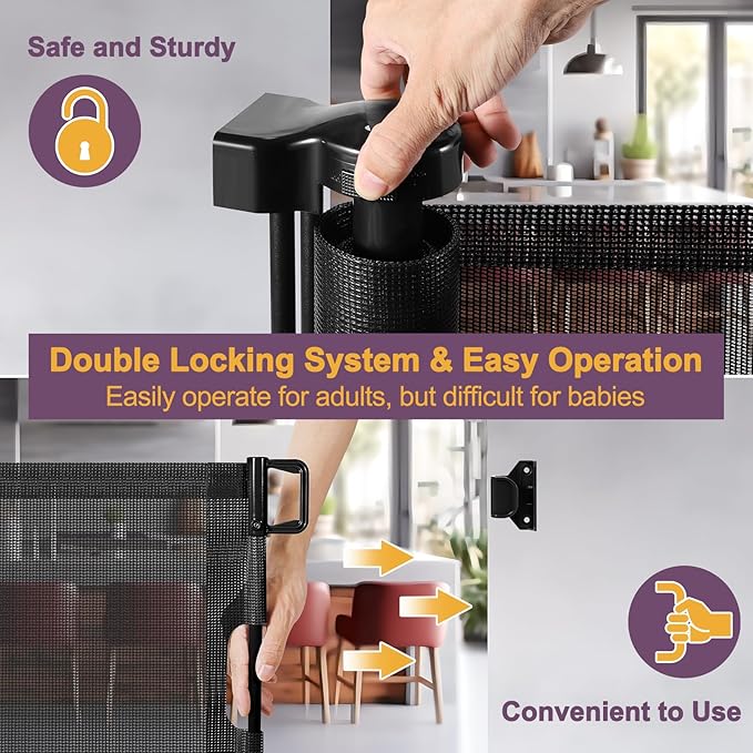 42" Tall X 200" Extra Wide Retractable Baby Gates, Extra Tall Pet Gate for Dogs, Extra Long Dog Gate for Large Openings Tall Mesh gate Child Safety Gate Outdoor Retractable Gate for Decks, Black