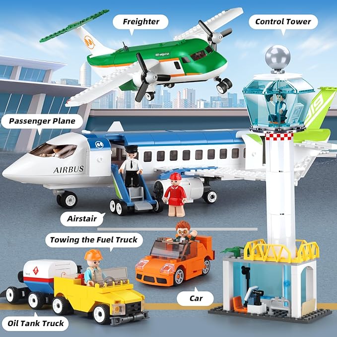 City Passenger Airplane Toy Building Set That Compatible with Lego Airplane Airport Play Set Compatible with Lego Plane with Passenger Airplane and Cargo Planes Gifts for Kids Boys Girls Age 6-12