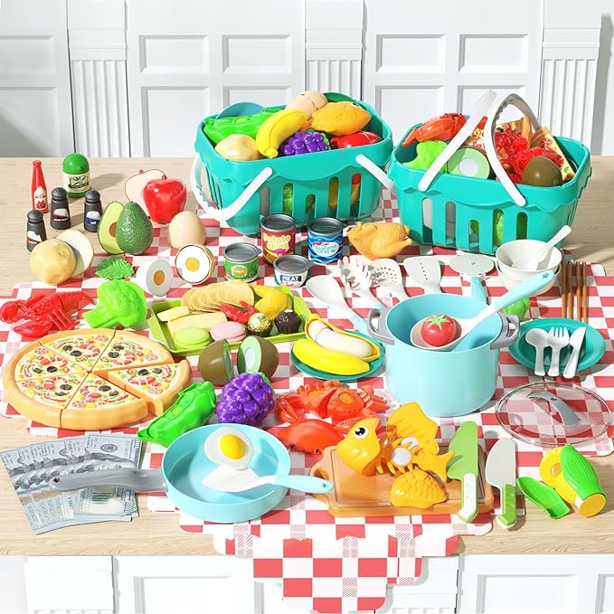 150Pcs Kitchen Playset, Toddlers Pretend Cooking Cookware Accessories, Food, Picnic Blanket, Fruits, Veges, 2Pack Shopping Storage Basket, Dessert and Prop Money, Gift for Kids (Turquoise)