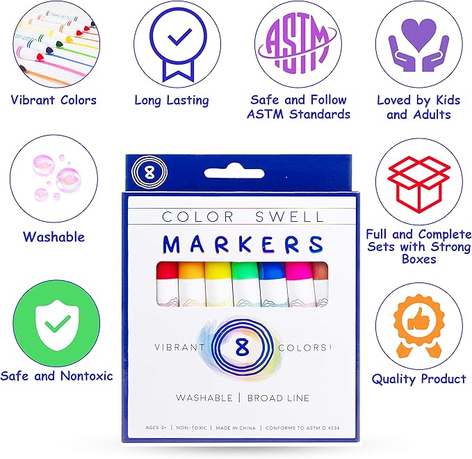Color Swell Washable Bulk Markers 72 Packs 8 Count Vibrant Colors 288 Total Markers Bulk Perfect for Teachers, Kids and Classrooms