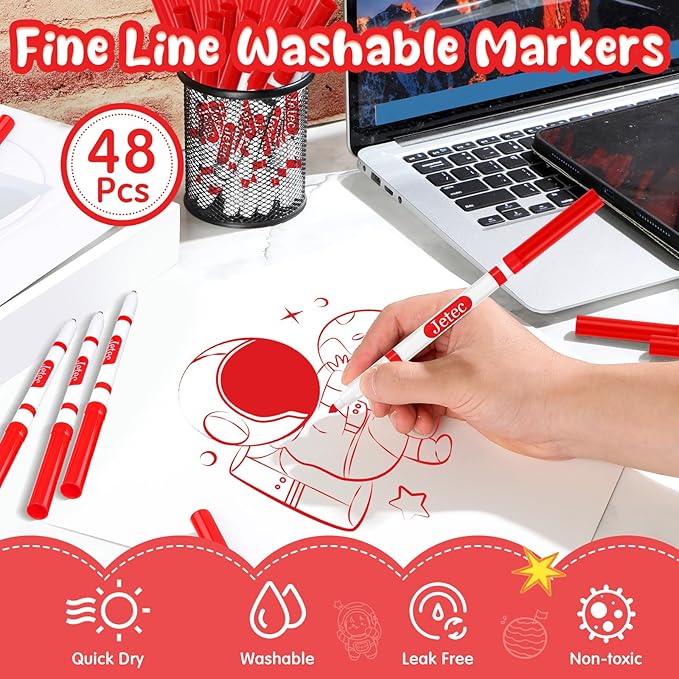 Janlaugh 48 Pcs Line Washable Markers Bulk Red Fine Tip Markers Set Coloring Markers for Kids Thin Washable Markers Red Tips Markers for Art School Supplies, Back to School Supplies, Ages 6+