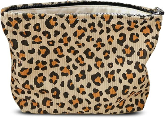 HAPPYHEIDI Leopard Corduroy Makeup Bag Cosmetic Toiletry Travel Pouch Car Organizer, 3-Size, Vintage Brown Coquette Cheetah