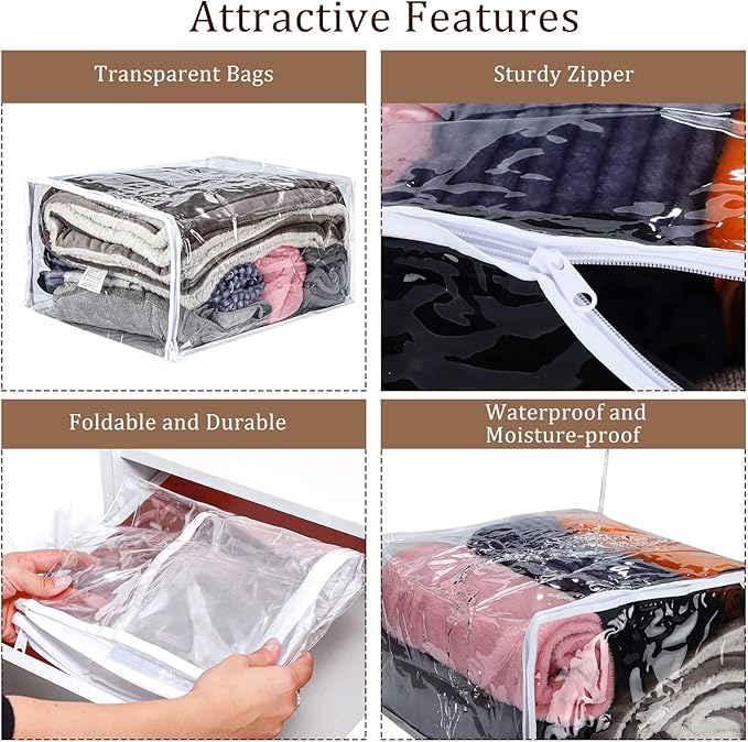 6 Packs Clear Zippered Storage Bags Sweater Moth Bags Plastic Storage for Blankets Clothes Bed Sheet Organizer with Zipper for Closet Linen Sweater Bed Sheet Clothes Pillow(18 x 15 x 9 Inch)