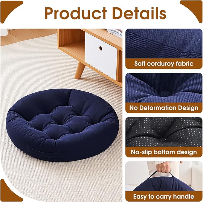2Pcs Floor Pillows for Adults, 22x22x6 Inch Meditation Cushions, Large Round Sitting Cushion Living Room Memory Foam Pillow for Sitting (2, Navy, 22x22x6 Inch)