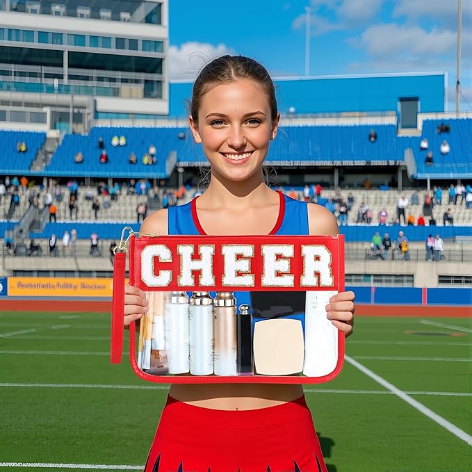 BuyCard Cheer Chenille Letter Bags Clear Makeup Bag, Cheerleader Gifts Cosmetic Bag, Varsity Preppy Patch Flat Pouch Cheer Accessories, Waterproof PVC Organizer Toiletry Bag for Women Girls Red