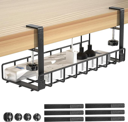 Under Desk Cable Management Tray, Xpatee Upgraded Wire Management No Drill No Screws, Cable Tray with Clamp for Wire Organizers, Computer Cord Rack for Office, Home - No Damage to Desk Black