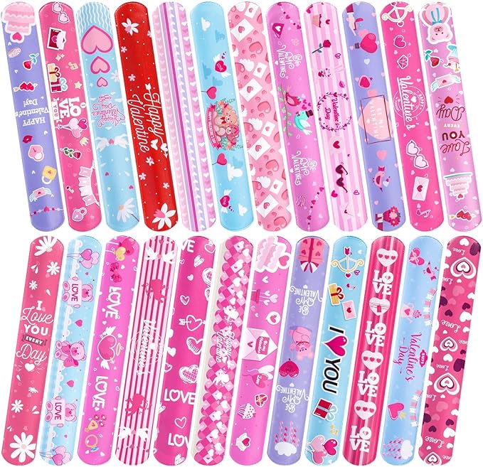 48 Pcs Valentines Day Slap Bracelets with Colorful Hearts for Birthday Gifts for Kids Party Supplies Favors Classroom Exchange Birthday Giveaways Game Prizes Kids Party Favors