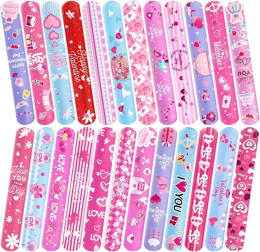 48 Pcs Valentines Day Slap Bracelets with Colorful Hearts for Birthday Gifts for Kids Party Supplies Favors Classroom Exchange Birthday Giveaways Game Prizes Kids Party Favors