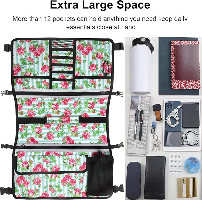 Wheelchair Storage Bag, Double-Sided Armrest Pouch with Cup Holder and Reflective Strip, for Wheelchairs and Walkers (White Floral)