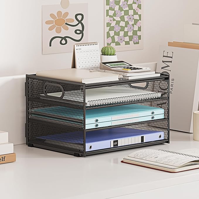 Subekyu Paper Letter Tray Organizer for Desk, Black Metal Mesh Desk File Sorter Organizer with Handle and 2 Sliding Trays for Home Office School Supplies Organization