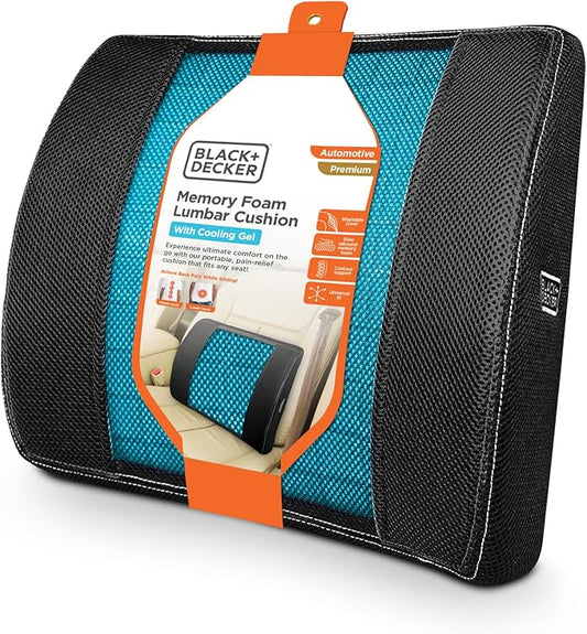 BLACK+DECKER Cooling Gel Lumbar Memory Foam Cushion – Ergonomic Back Support Travel Pillow with Ventilated Mesh, Adjustable Strap, Slow Rebound Memory Foam, Washable Cover