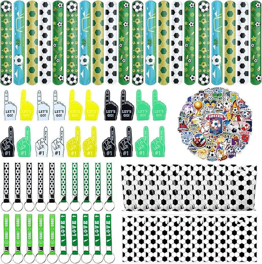 130PCS Soccer Party Favors - Incliding Soccer Keychains, Soccer Gift Bags, Slap Bracelets, Soccer Stickers, Sports Mini Foam Fingers for Boys Fans Sports Soccer Birthday Party Supplies
