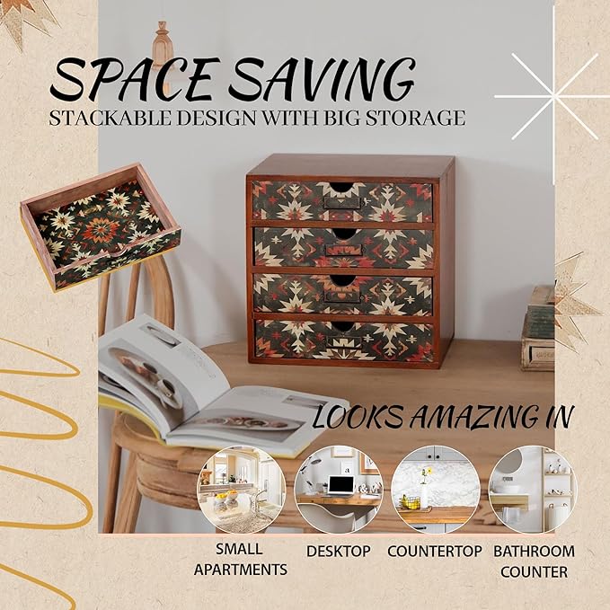 Boho Green Wooden Desk Organizer with Drawers – 4-Drawer Desktop Storage Box – Rustic Tribal Wood Desk Organizer for Office, Vanity, or Craft Supplies – Compact & Stylish Wooden Storage Drawers