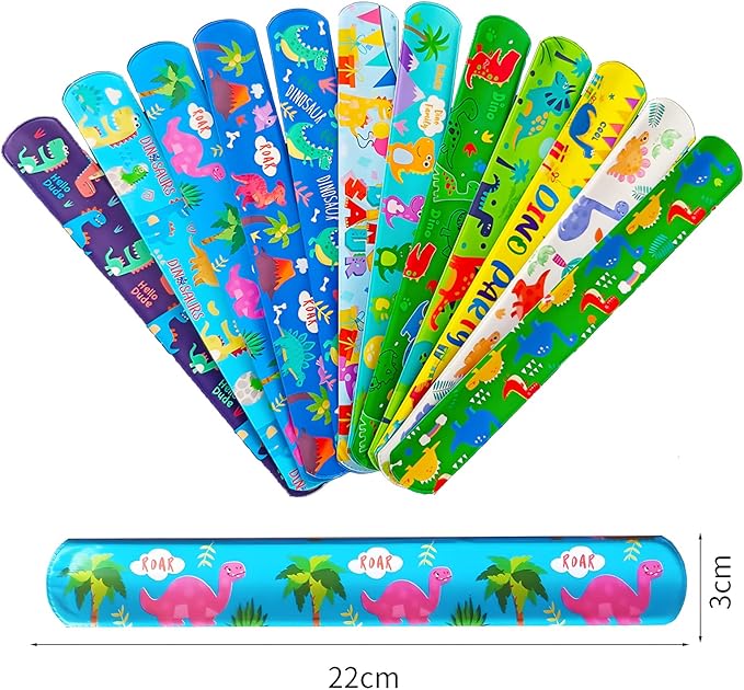 24Pcs Dinosaur Slap Bracelets Cute Cartoon Snap Bracelet Wristband for Party Favour Bag Filler Bulk Snap Bands for School Prizes/Exchanging Gift/Christmas/Easter/Thanksgiving/Birthday Gifts