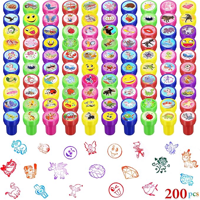 Kosiz 200 Pcs Assorted Stamps for Kids Bulk Teacher Stamps Self Ink Kids Stamps Assorted Stampers for Birthday Gifts Party Favors Back to School Supplies Game Prizes (Cute Style)