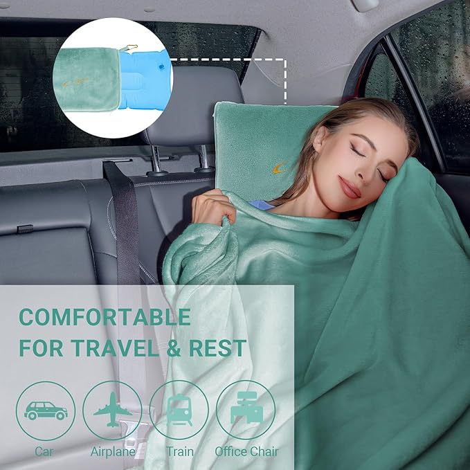 CLEXION Travel Blanket & Pillow Set, 300 GSM Soft Fleece, 60x43 Inches, 3-in-1 Airplane Blanket, Travel Pillow and Blanket Set, Travel Blanket Airplane Compact with Bag, Travel Essentials,Mint Green