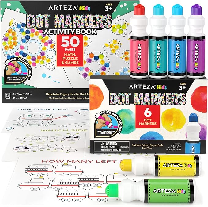 ARTEZA Kids Dot Markers and Kids’ Activity Book, 6 Nontoxic Bingo Daubers