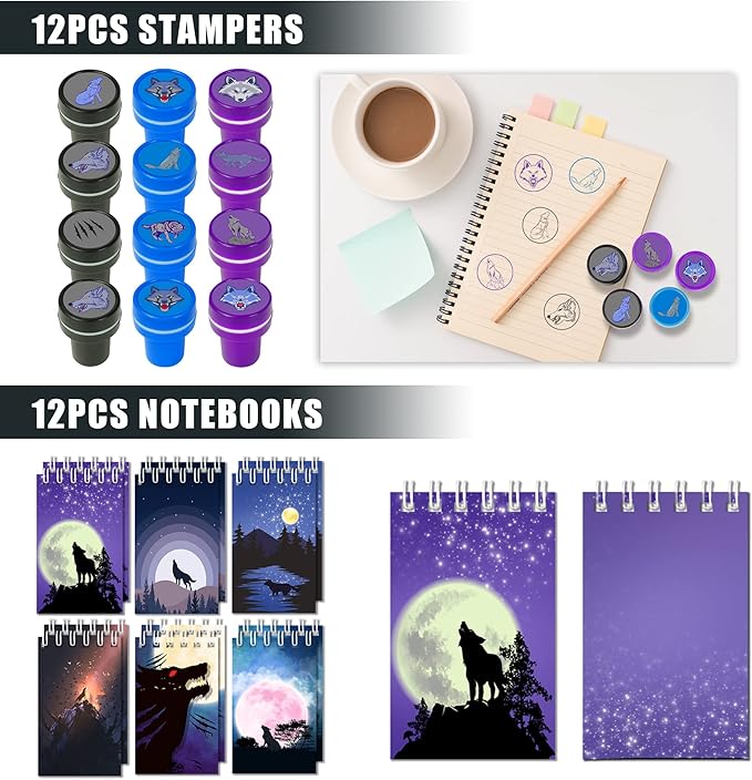 48 PCS Wolf Party Favors, Wolf Birthday Party Favors with 12 Wolf Button Pins, 12 Mini Notebooks, 12 Stampers and 12 Rubber Bracelets for Birthday Party Baby Shower Holiday