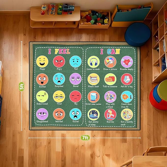 Classroom Rug Elementary 5x7ft for Playroom, Educational Smiley Face Kids Play Mat, Calming Corner Sensory Emotion Feelings Rug for Kids Room Nursery Bedroom, Non-Slip Washable(Green)