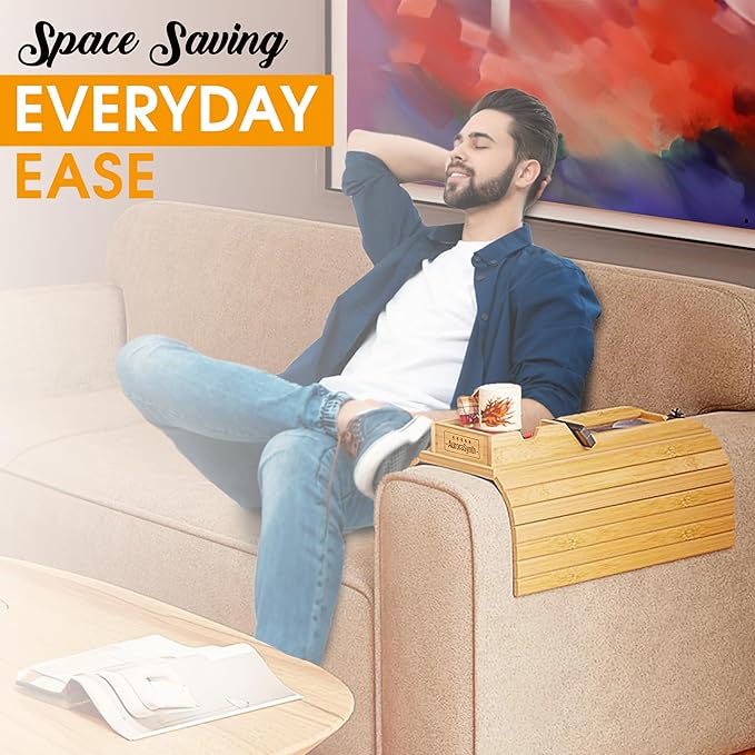 Bamboo Couch Cup Holder Tray with 2 Cork Coasters, Caddy, Anti-Slip Foldable Armrest Sofa Tray, Anti-Spill Holder for Remote, Snacks, Cellphone - Ideal Gift