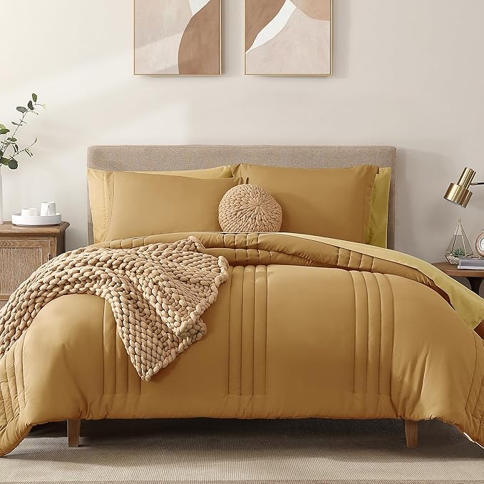 Monbix Full Comforter Set - 7 Pieces Desert Yellow Bed in a Bag Full Size Bedding Sets with Comforters, All Seasons Comforter with Sheets, Pillowcases & Shams