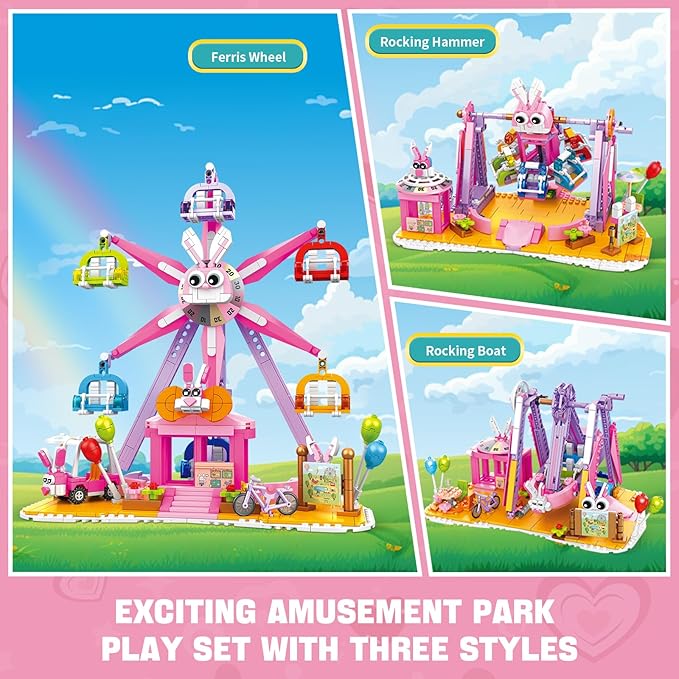 3 in 1 Easter Bunny Amusement Park Building Set, 823 PCS Rebuildable Ferris Wheel Rocking Hammer & Boat, Compatible with Lego Friends, Ideas Birthday Gift Toy for Kids Girls Age 6-12