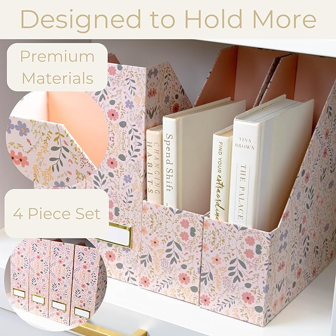 BLU MONACO | Cardboard Magazine File Holder Set of 4 | Standing File Holder with Floral Boho Design | Foldable Cardboard Bins for Shelves Desk Office Storage