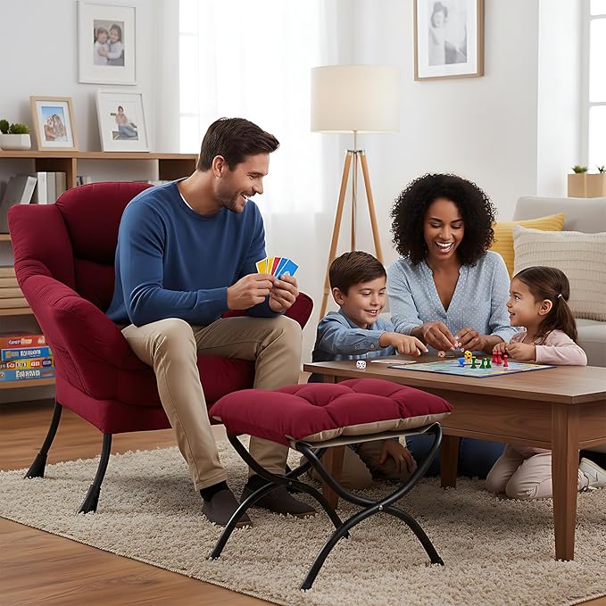 Welnow Lazy Chair with Ottoman, Modern Lounge Accent Chair with Armrests and a Side Pocket, Leisure Sofa Armchair, Reading Armchair with Footrest for Small Space, Burgundy