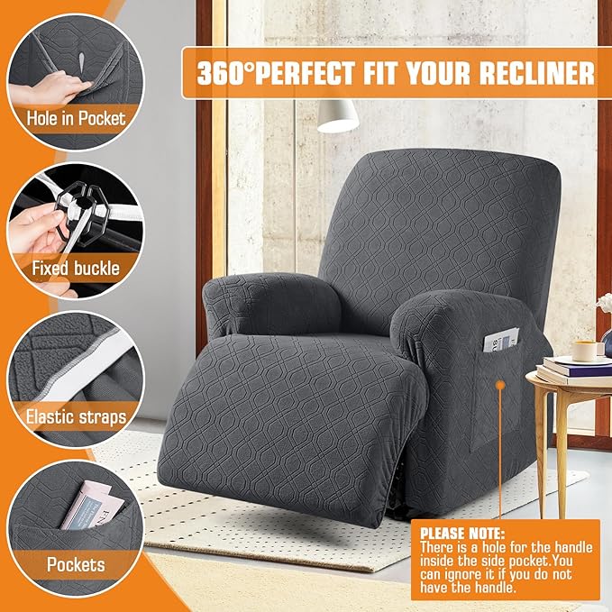 VANSOFY Oversized Recliner Chair Cover, 4-Pieces Stretch Recliner Covers for Recliner Chair Soft Reclining Chair Slipcover Jacquard Pattern Furniture Protector for Dogs Cats(Charcoal Gray)