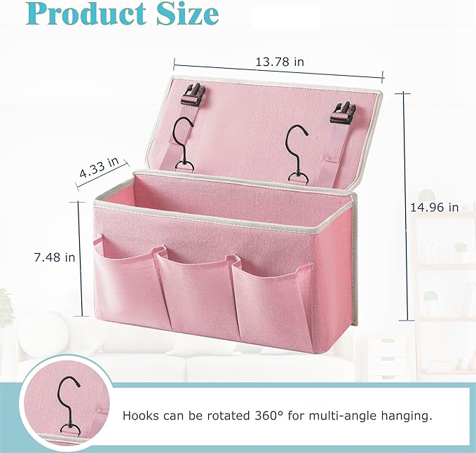 Bedside Caddy/Bedside Storage Organizer Hanging Bag with Three Options,Suitable for home beds, sofas, and dormitory beds—can hold magazines, books, phones, iPads, remote controls. (Pink)