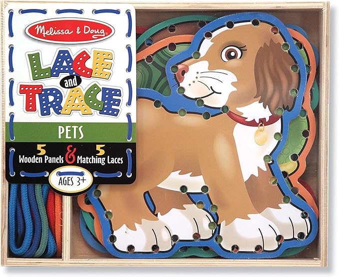 Melissa & Doug Lace and Trace Activity Set: Pets - 5 Wooden Panels and 5 Matching Laces - Lacing Toys For Toddlers, Fine Motor Skills Threading Cards For Preschoolers And Kids Ages 3+